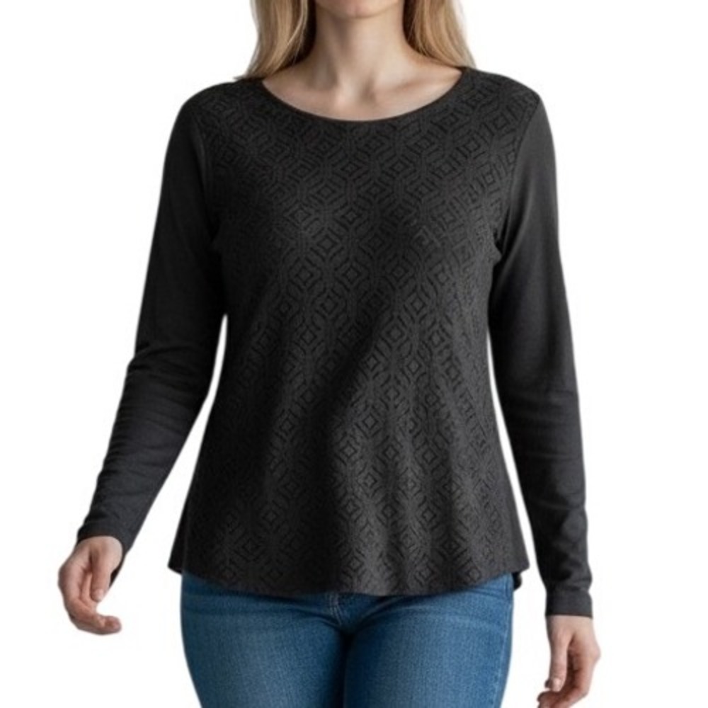 Croft & Barrow Womens Black Crochet Lace Front 3/4 Sleeve Knit Top Size Medium